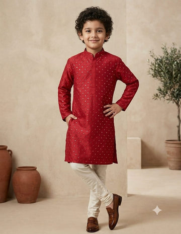 Boy's Red Silk Mirror embroidered Work Kurta & pant Set
