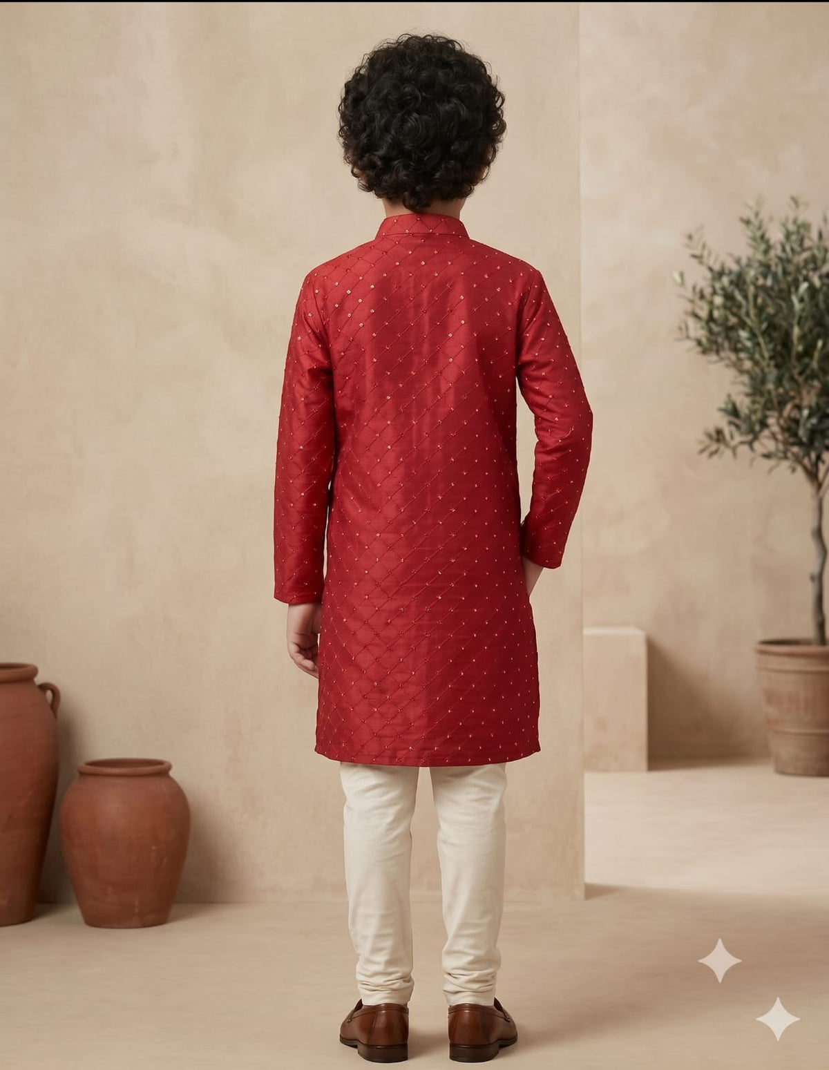 Boy's Red Silk Mirror embroidered Work Kurta & pant Set