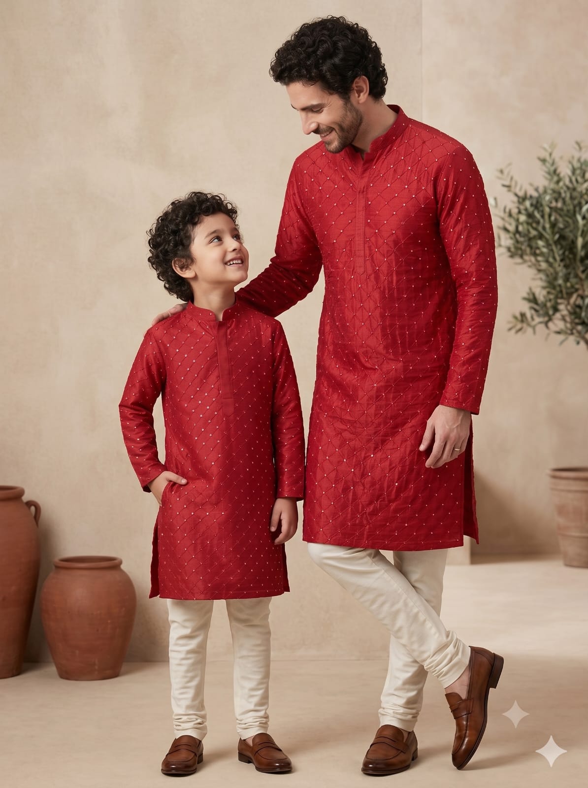 Dad & Son Matching Red Silk Kurta & pant Set
