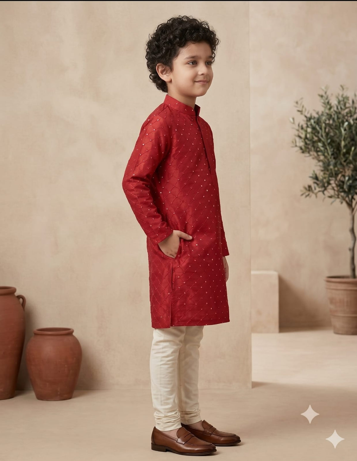 Boy's Red Silk Mirror embroidered Work Kurta & pant Set