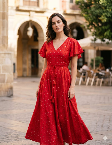 Women’s Red Silk Embroidery Mirror-Work Maxi Dress