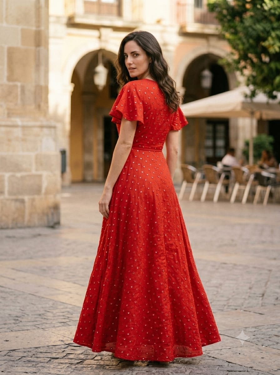 Women’s Red Silk Embroidery Mirror-Work Maxi Dress
