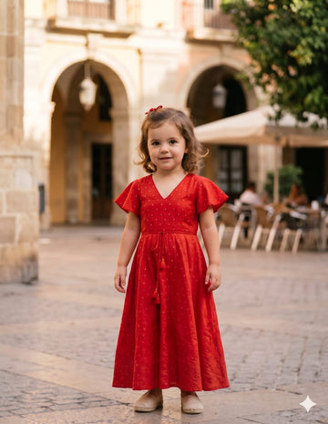 Girl's Red Silk Mirror Embroidery Work Maxi Dress