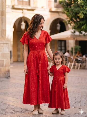 Mom & Daughter Red Silk Mirror embroidery Work Dresses