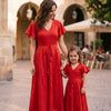 Mom & Daughter Red Silk Mirror embroidery Work Dresses