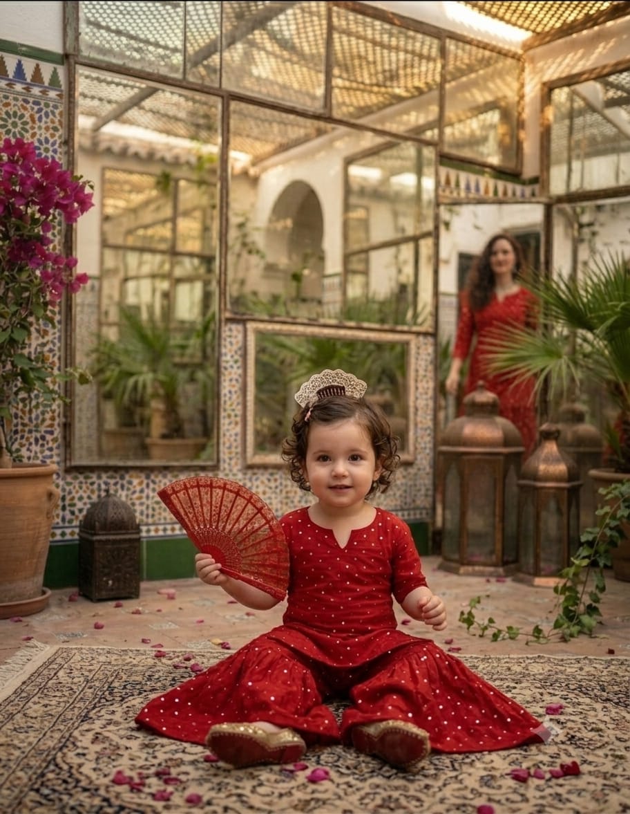 Girl’s Red Silk Mirror embroidery Work Sharara Set