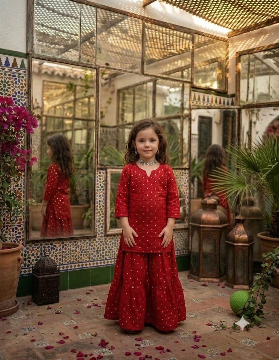 Girl’s Red Silk Mirror embroidery Work Sharara Set