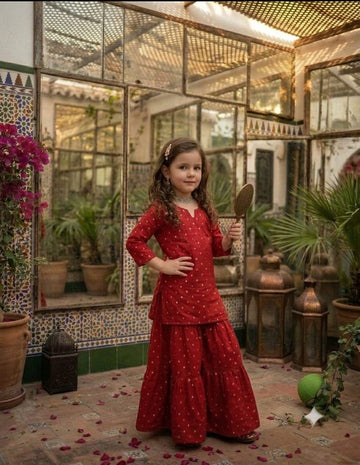 Girl’s Red Silk Mirror embroidery Work Sharara Set
