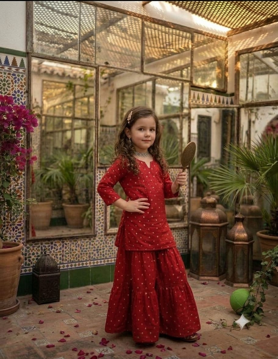 Girl’s Red Silk Mirror embroidery Work Sharara Set