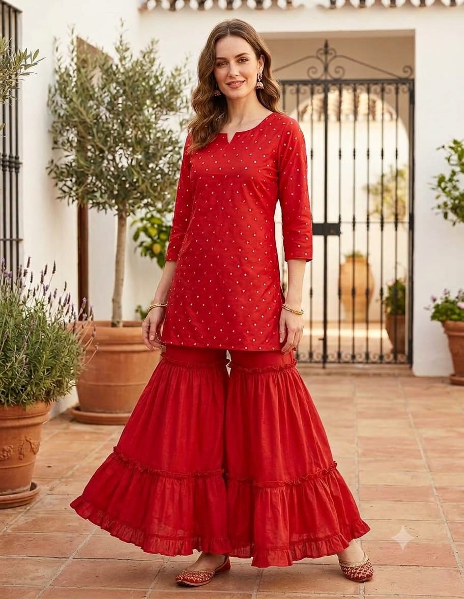 Women’s Red Silk Mirror Embroidered Work Sharara Set with Kota Doria Dupatta