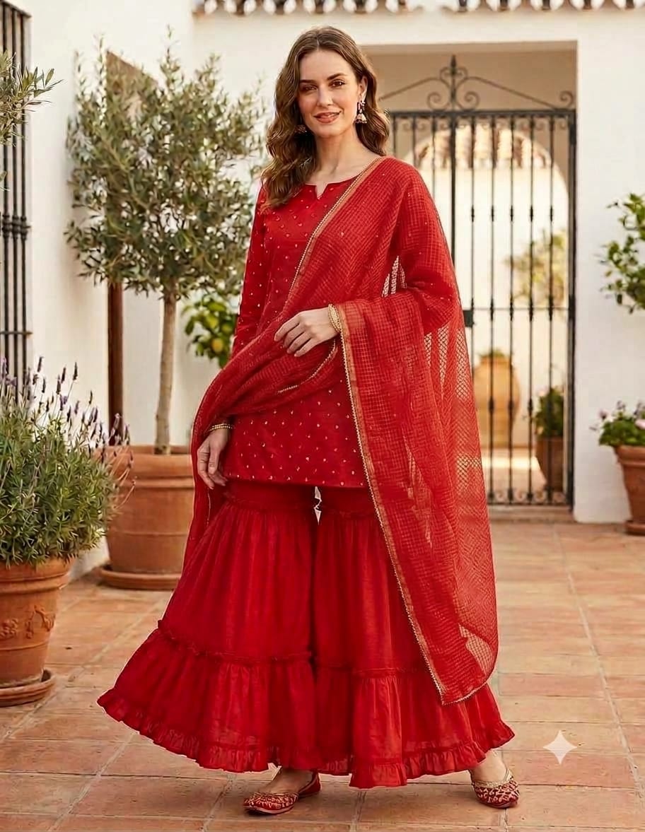 Women’s Red Silk Mirror Embroidered Work Sharara Set with Kota Doria Dupatta