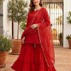 Women’s Red Silk Mirror Embroidered Work Sharara Set with Kota Doria Dupatta