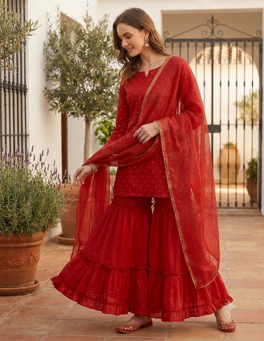 Women’s Red Silk Mirror Embroidered Work Sharara Set with Kota Doria Dupatta