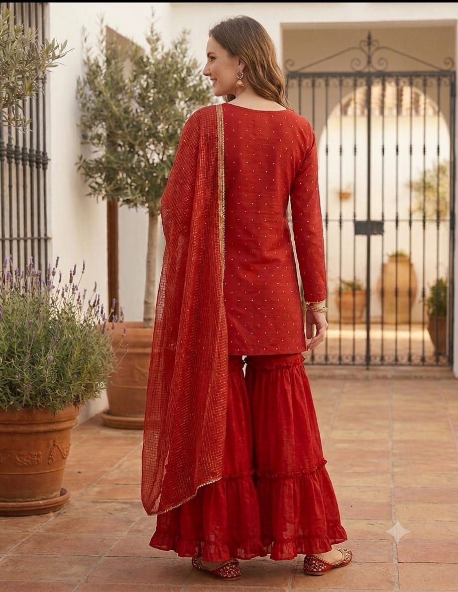 Women’s Red Silk Mirror Embroidered Work Sharara Set with Kota Doria Dupatta