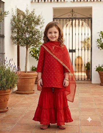 Girl's Red Silk Mirror Embroidered Work Sharara Set with Kota Doria Dupatta