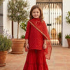 Girl's Red Silk Mirror Embroidered Work Sharara Set with Kota Doria Dupatta