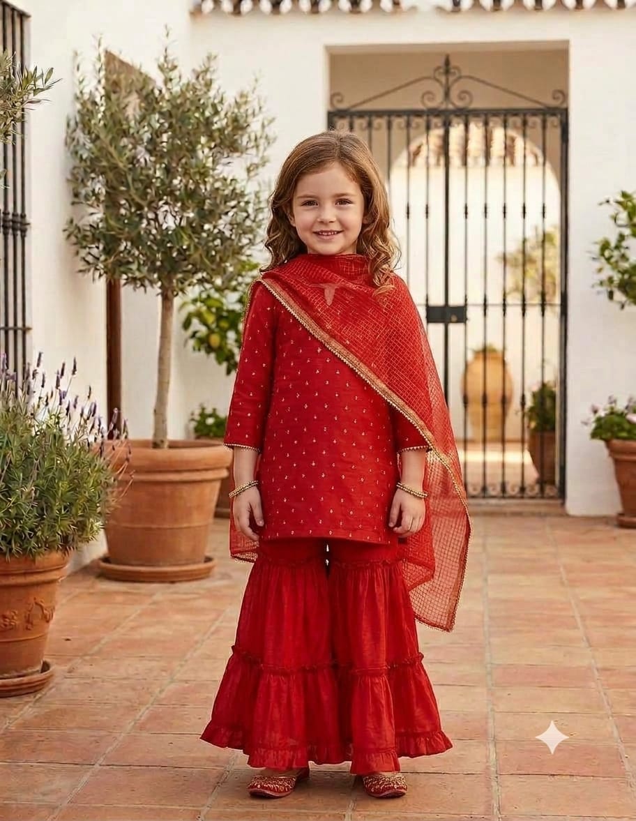 Mom & Daughter Matching Red Silk Mirror Embroidered Work Sharara Set