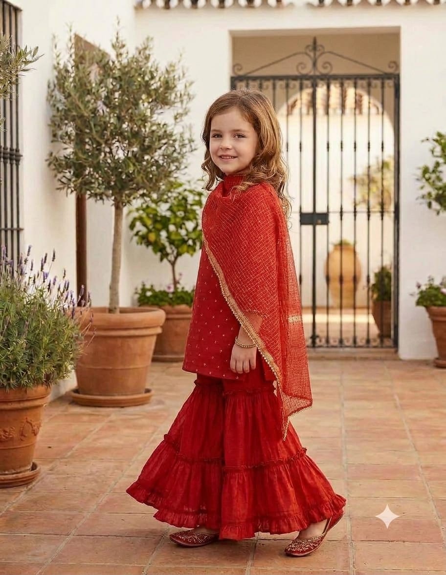 Girl's Red Silk Mirror Embroidered Work Sharara Set with Kota Doria Dupatta