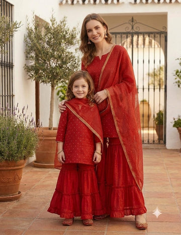 Mom & Daughter Matching Red Silk Mirror Embroidered Work Sharara Set