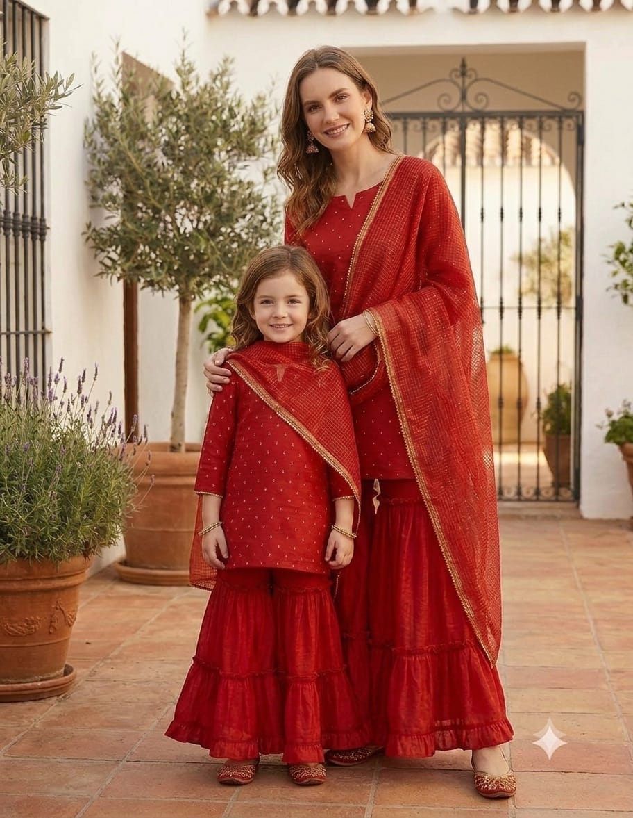 Mom & Daughter Matching Red Silk Mirror Embroidered Work Sharara Set
