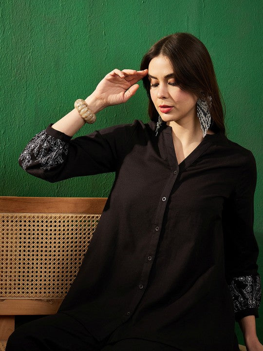 Aawari Black Co-ord Set With Embroidered Balloon Sleeves - Elegant Western Wear for Women