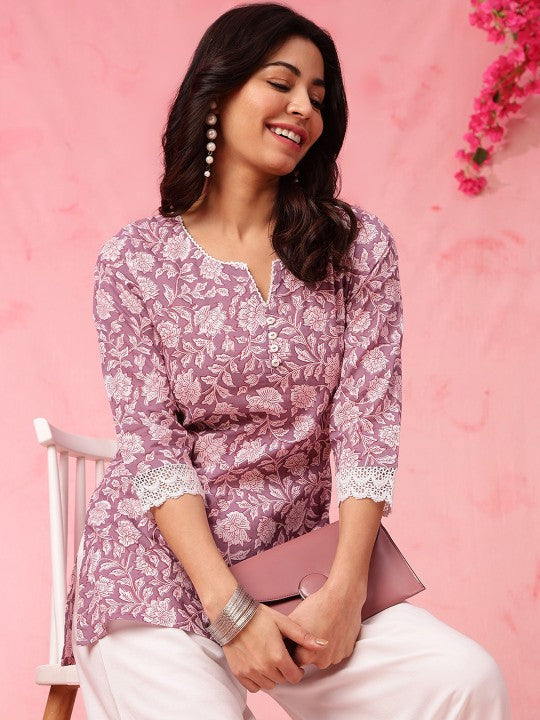 Aawari Floral Printed Mauve Cotton Short Kurti For Women - 3/4 Sleeve Daily Wear Top