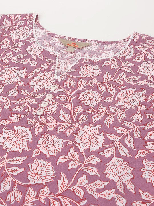 Aawari Floral Printed Mauve Cotton Short Kurti For Women - 3/4 Sleeve Daily Wear Top