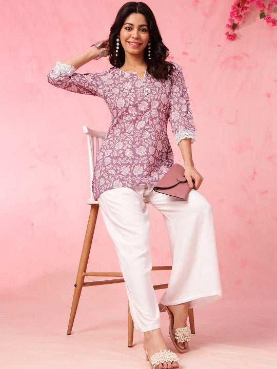 Aawari Floral Printed Mauve Cotton Short Kurti For Women - 3/4 Sleeve Daily Wear Top