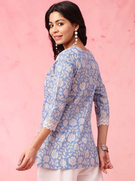 Aawari Blue Floral Print Cotton Kurti with Lace Trim - 3/4 Sleeve Womens Ethnic Wear - Tunics