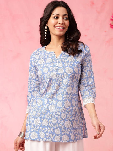 Aawari Blue Floral Print Cotton Kurti with Lace Trim - 3/4 Sleeve Womens Ethnic Wear - Tunics