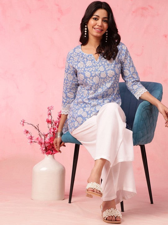 Aawari Blue Floral Print Cotton Kurti with Lace Trim - 3/4 Sleeve Womens Ethnic Wear - Tunics
