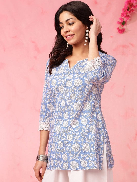 Aawari Blue Floral Print Cotton Kurti with Lace Trim - 3/4 Sleeve Womens Ethnic Wear - Tunics