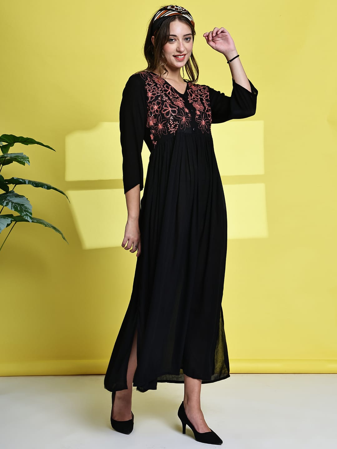 Aawari Black Rayon Crepe Embroidered Maxi Dresses