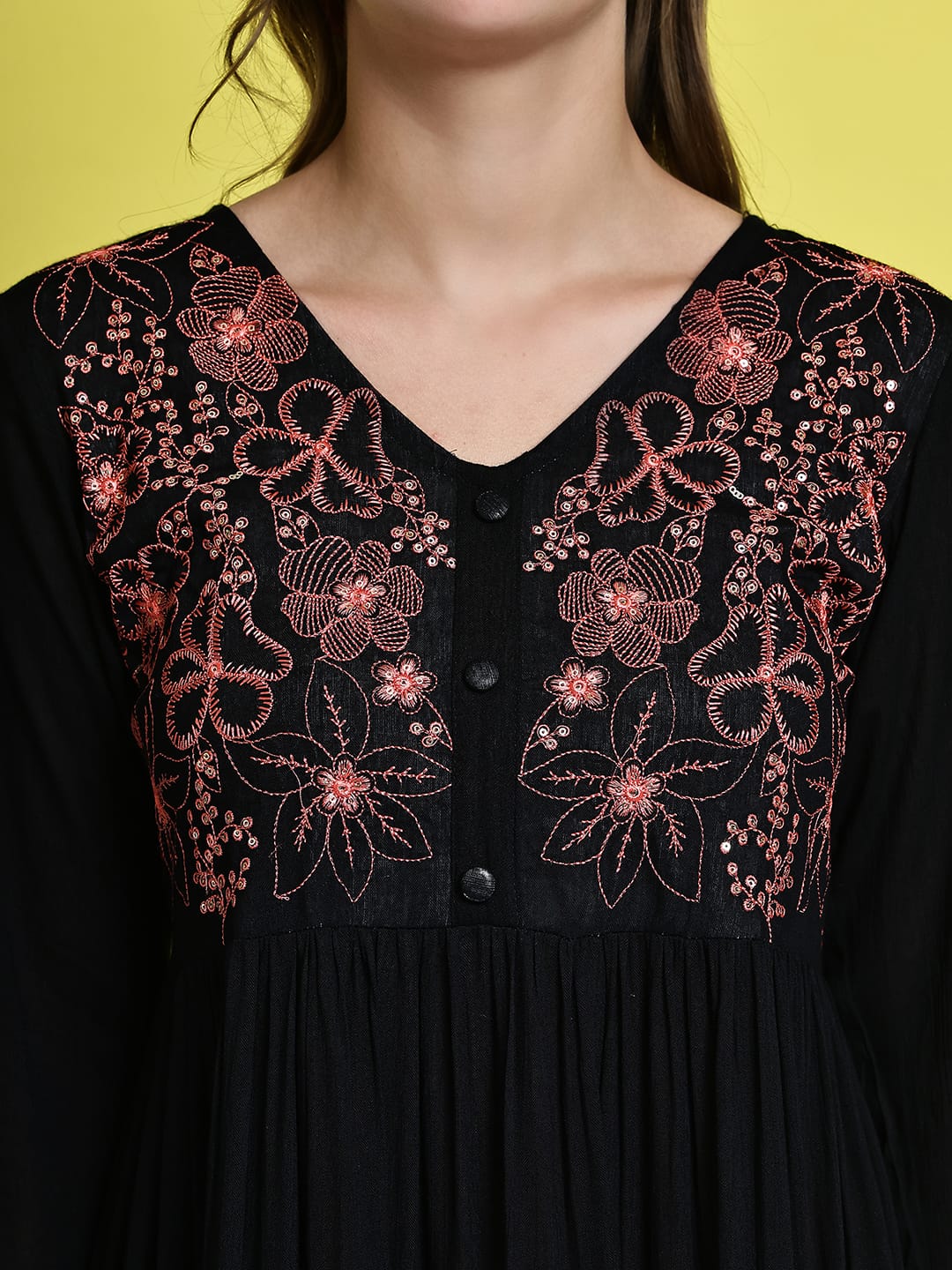 Aawari Black Rayon Crepe Short Dress with Contrasting Floral Embroidered - Midi Dress