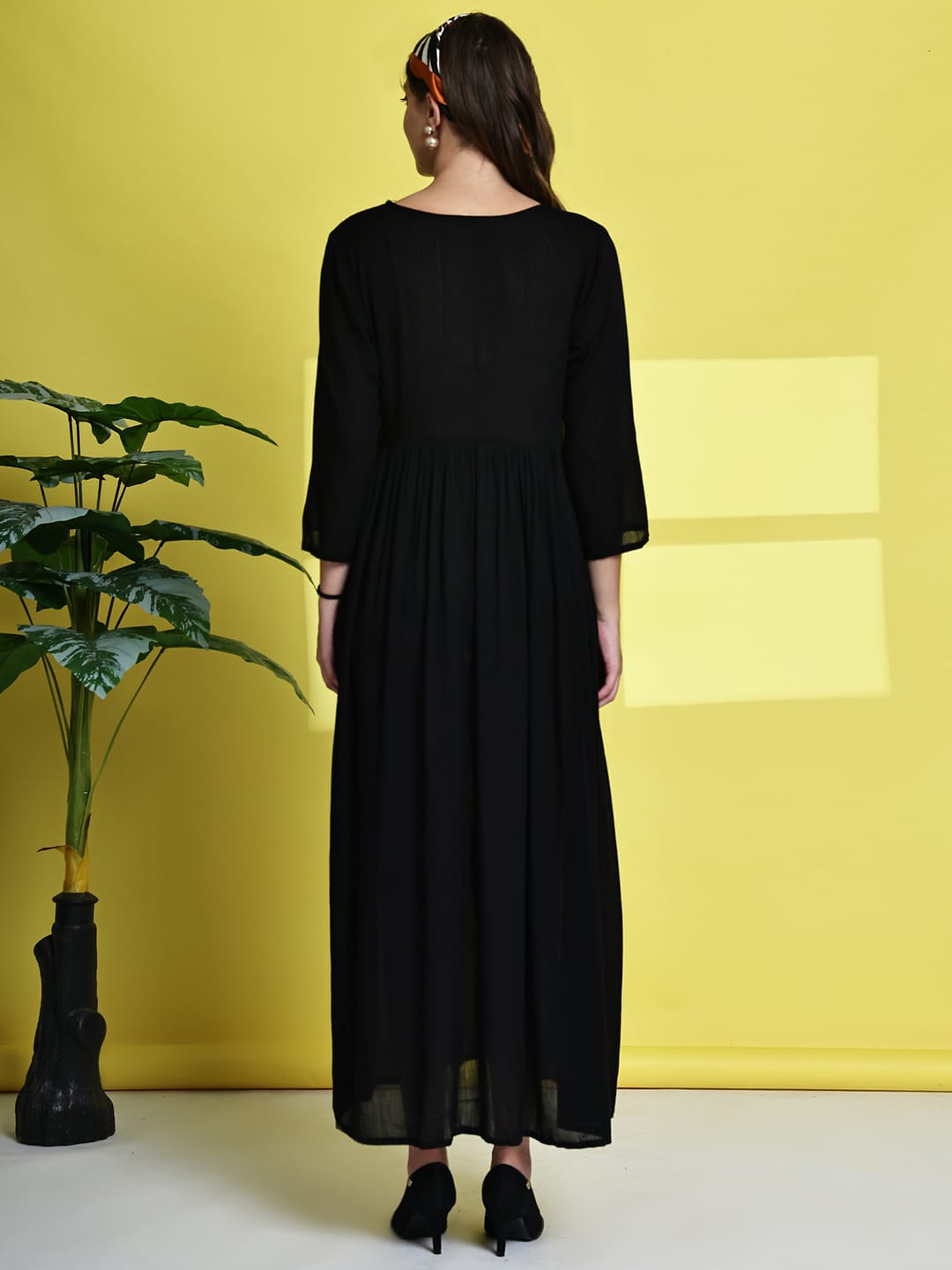 Aawari Black Rayon Crepe Embroidered Yoke Long Dress