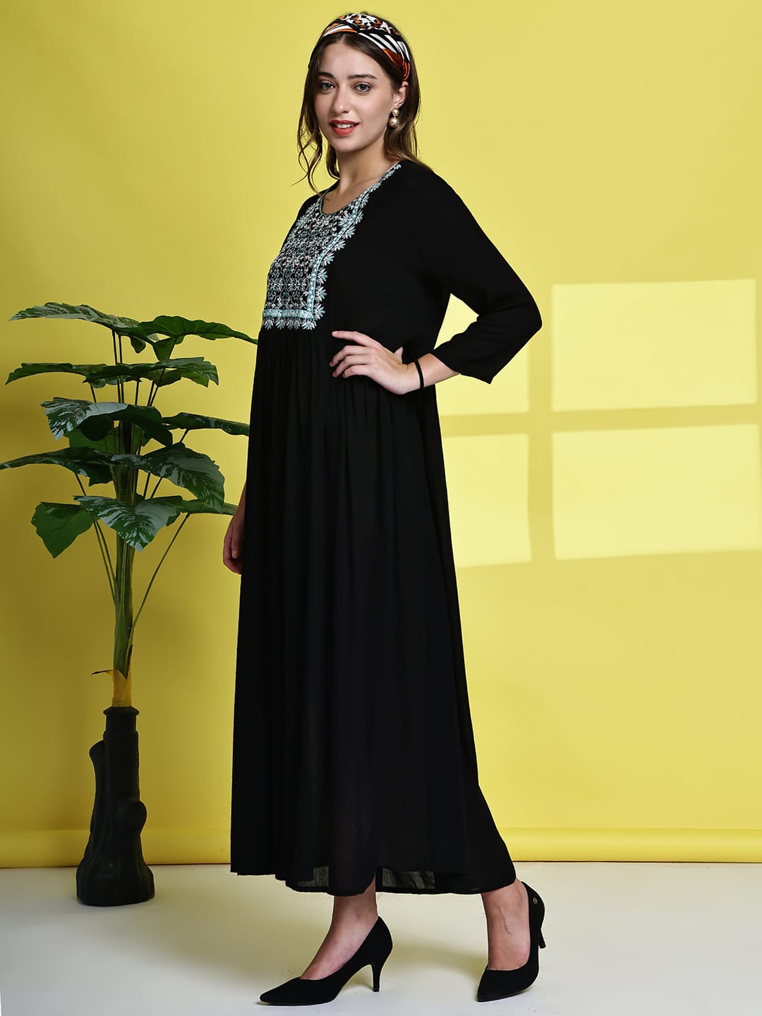 Aawari Women's Black Maxi Dresses with Blue Embroidered Yoke - Elegant Long Dress for Party & Festive Wear / Dresses / Western Wear