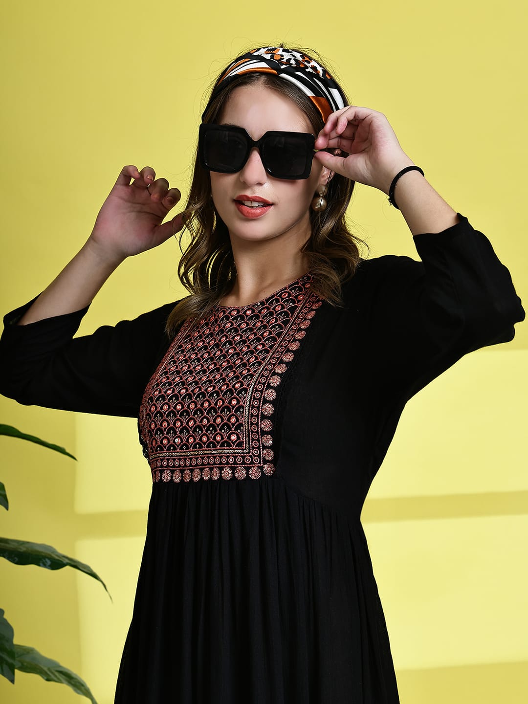 Aawari Black Short Dress with Geometric Embroidered Yoke - Midi Dress