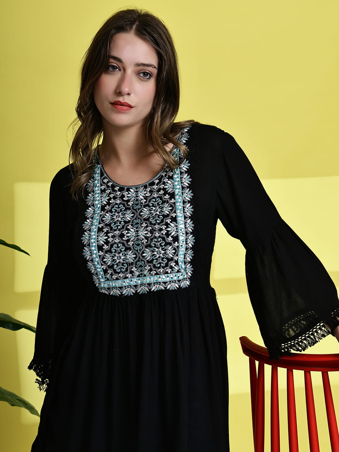 Aawari Black Short Dress with Embroidered Square Yoke - Midi Dress