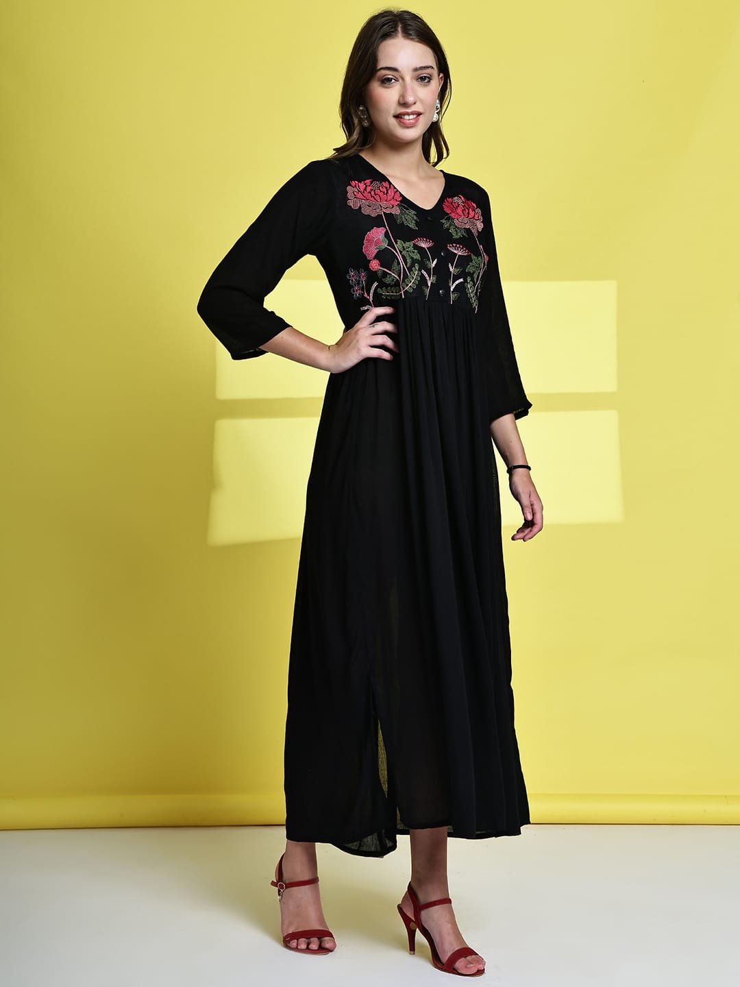 Aawari Black Rayon Crepe Floral Embroidered Long Dresses