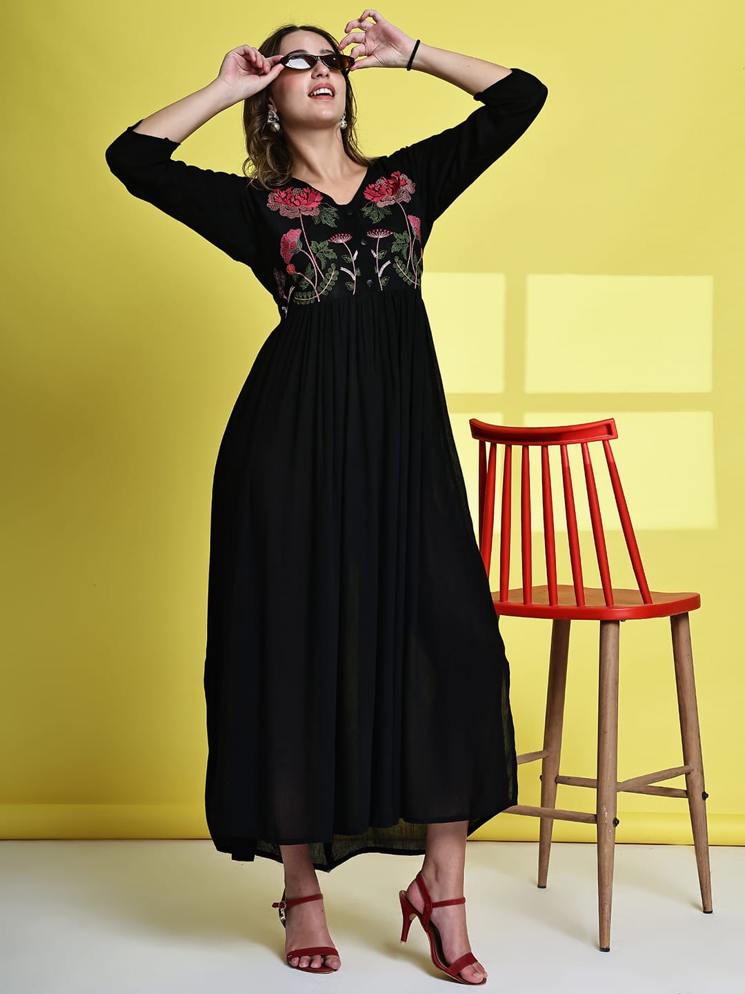 Aawari Black Rayon Crepe Floral Embroidered Long Dresses