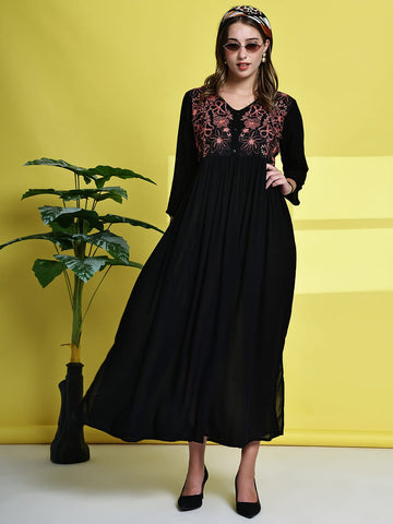 Aawari Black Rayon Crepe Embroidered Maxi Dresses