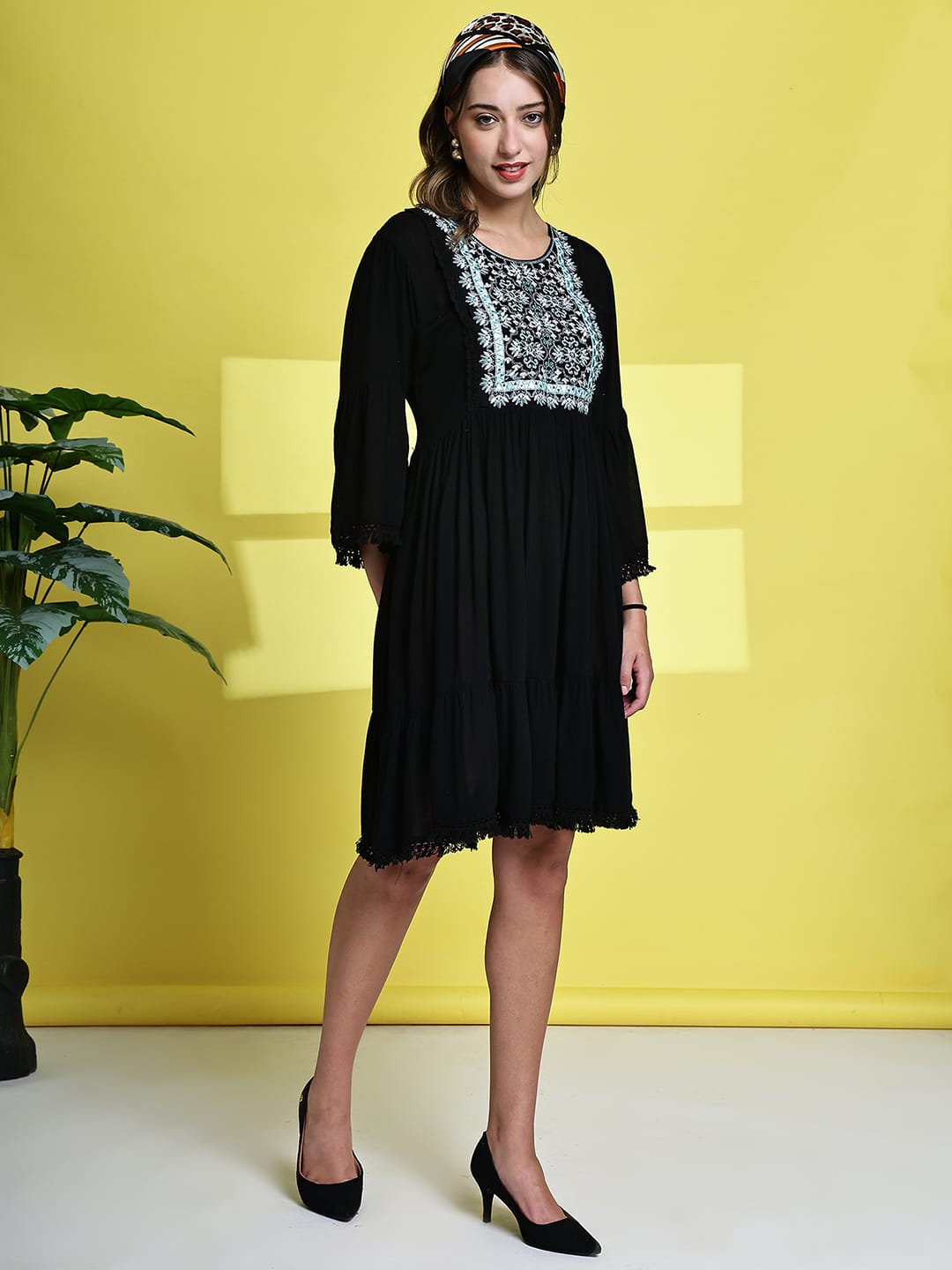 Aawari Black Short Dress with Embroidered Square Yoke - Midi Dress