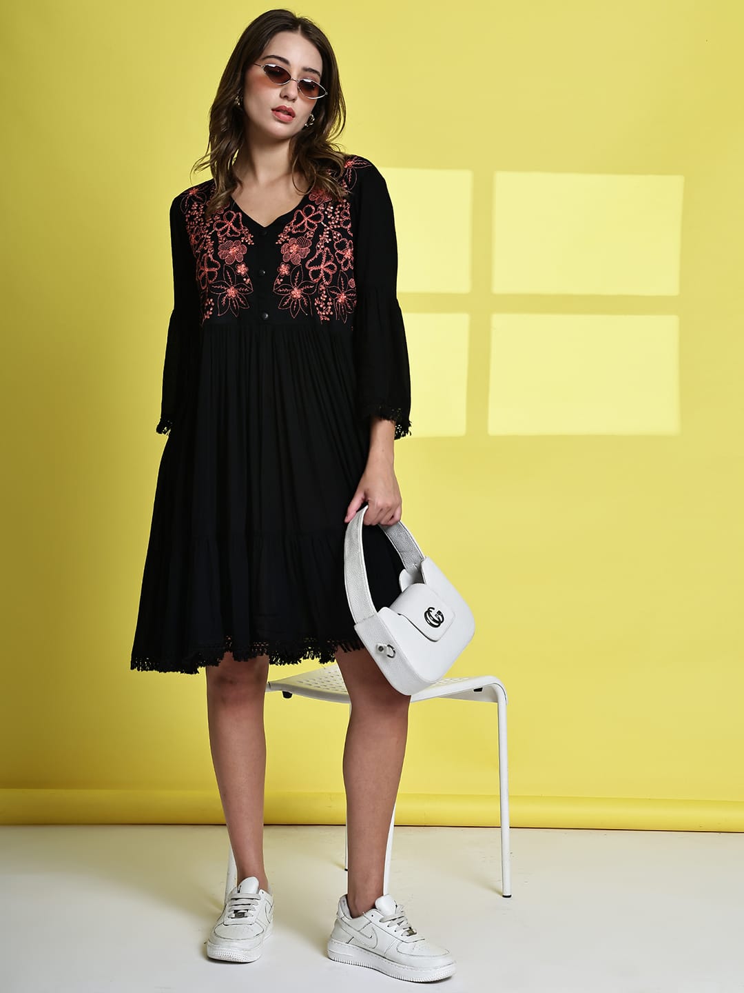 Aawari Black Rayon Crepe Short Dress with Contrasting Floral Embroidered - Midi Dress
