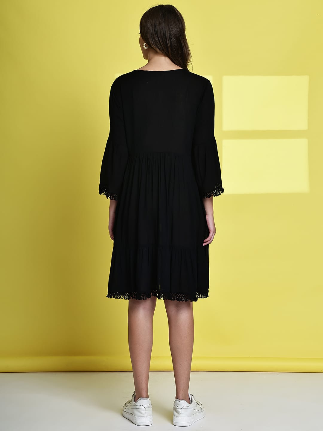 Aawari Black Rayon Crepe Short Party Wear Dress with Multicolor Floral Embroidered Yoke - Midi Dress