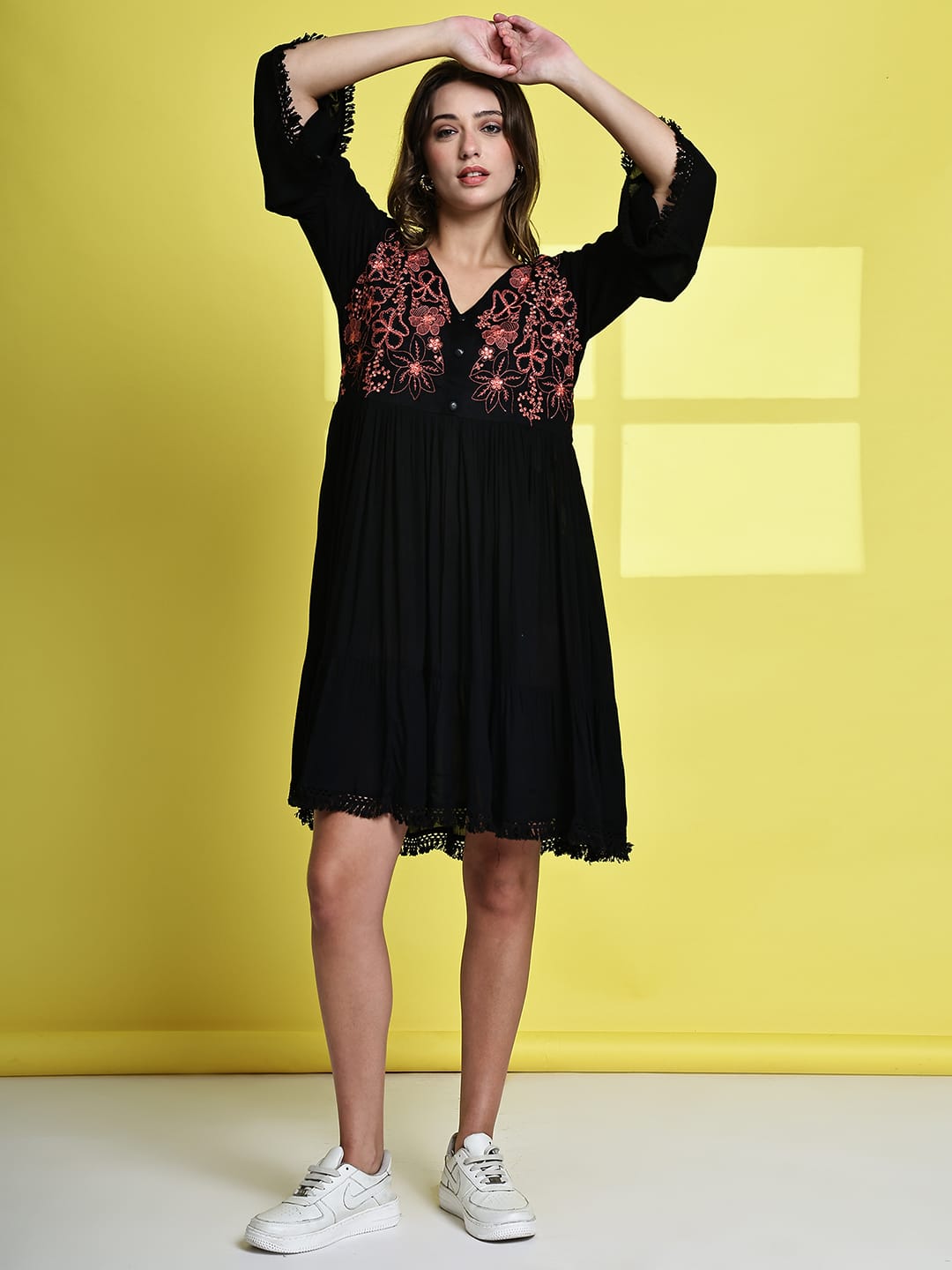 Aawari Black Rayon Crepe Short Dress with Contrasting Floral Embroidered - Midi Dress