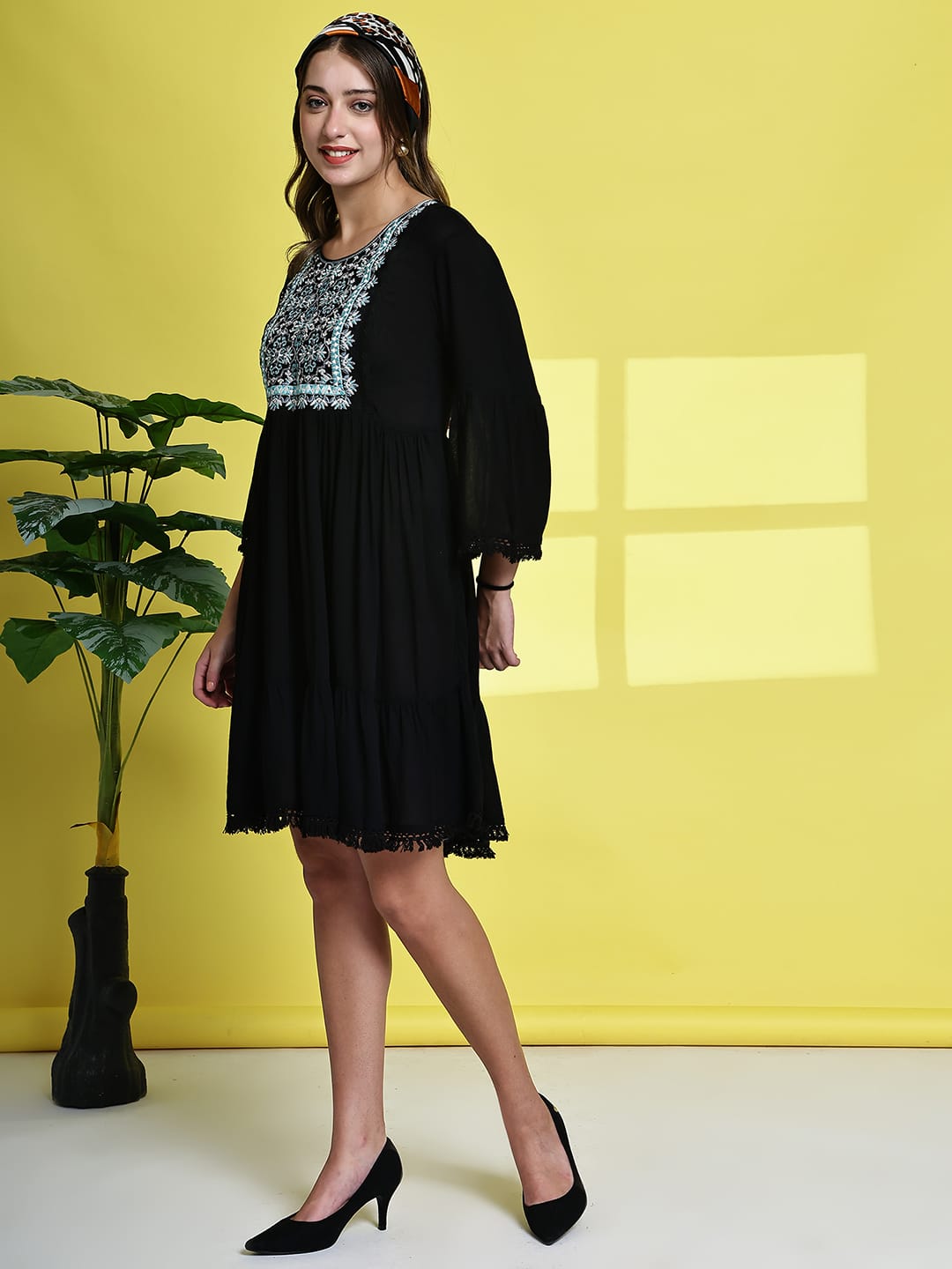 Aawari Black Short Dress with Embroidered Square Yoke - Midi Dress