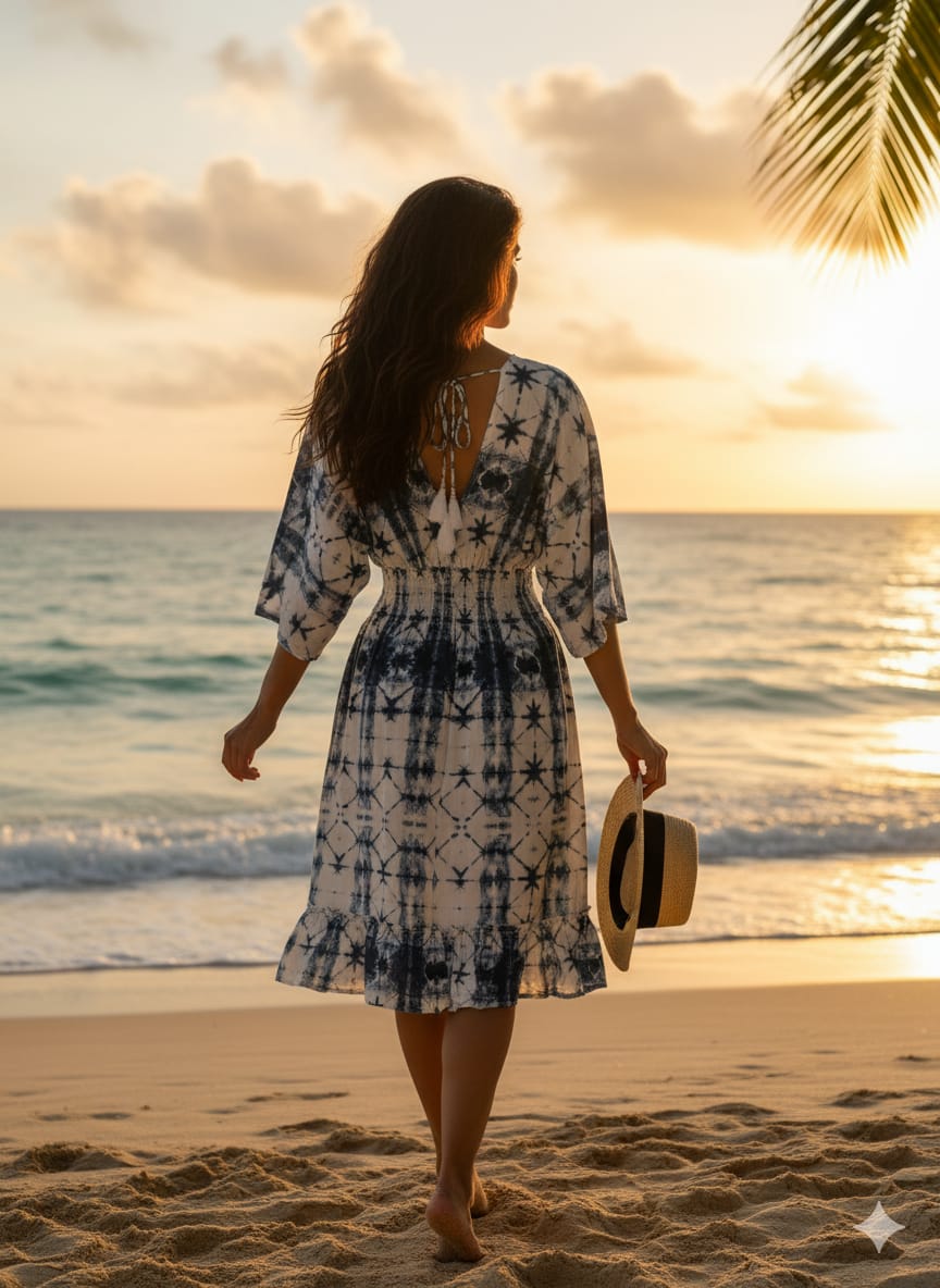 Blue & White Tie-Dye 100%Rayon Midi Dresses with Smocked Waist