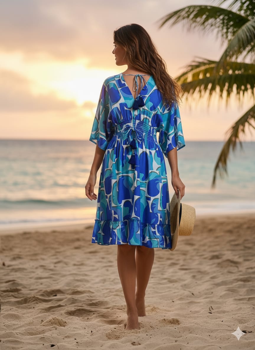 Blue Abstract Print 100%Rayon Midi Dresses with Smocked Waist & Tassel Tie