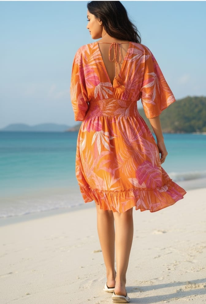 Tropical Orange & Pink Printed 100% Cotton Smocked Beach Midi Dresses for Women | Dresses | Western Wear