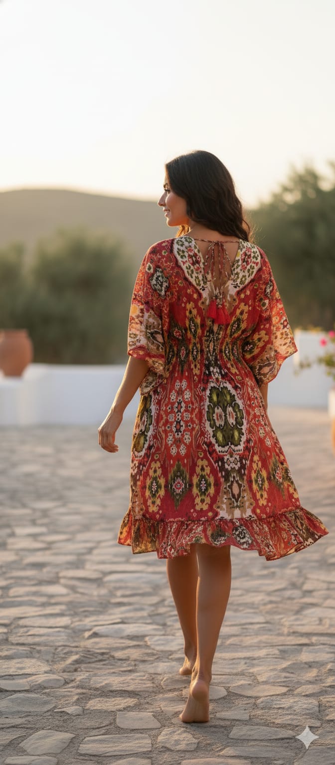 Bohemian Red & Olive Ikat Print Smocked 100% Cotton Midi Dresses for Women | Dresses | Western Wear